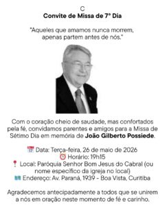 Leia mais sobre o artigo Missa de sétimo dia de Possiede será nesta terça-feira (26/05)